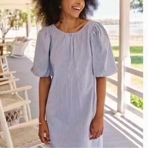 Vineyard Vines Light Blue and White Pinstripe Puff Sleeve Midi Dress